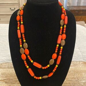 Vintage Neon Orange Brown Native American Style Beaded Long Statement Necklace